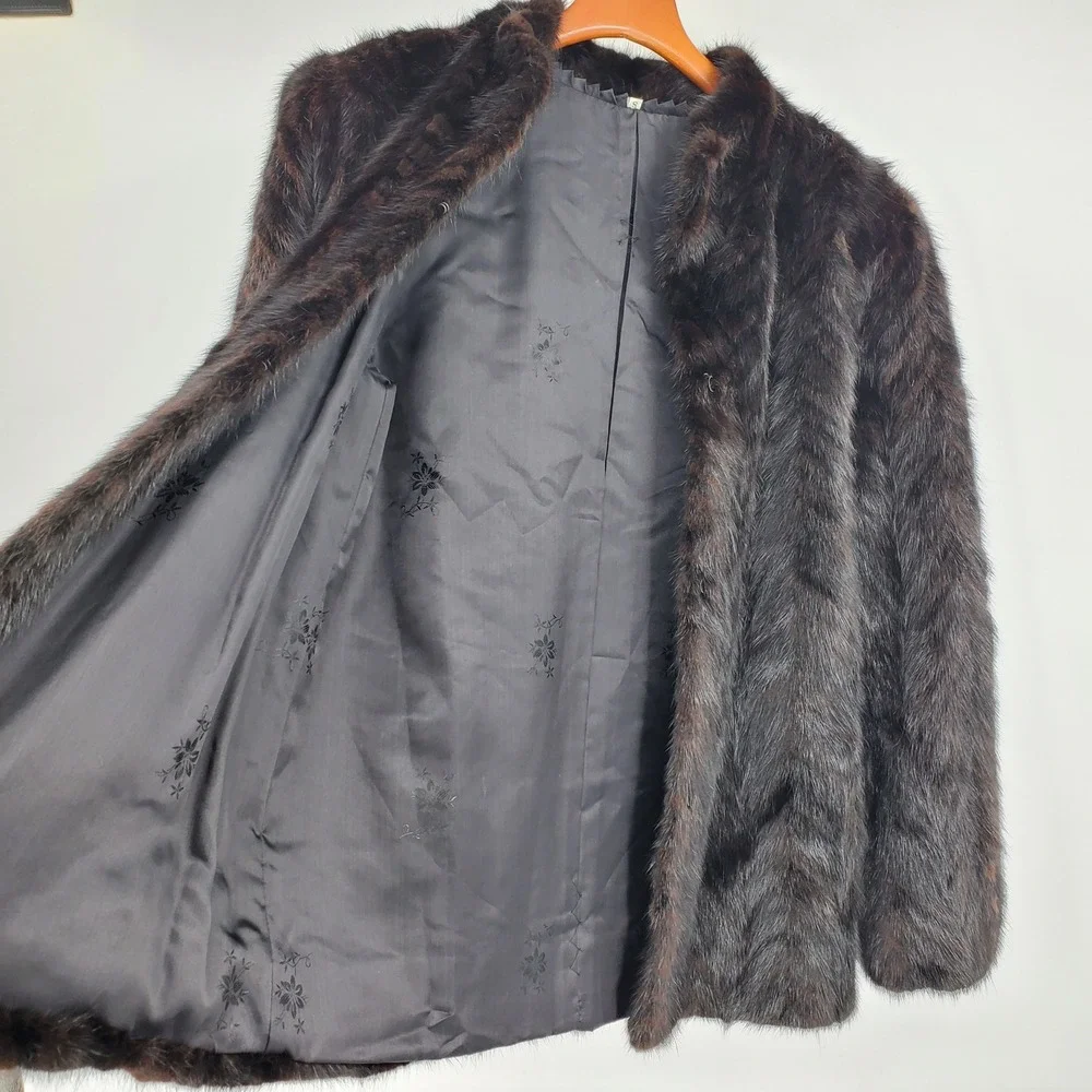 Vintage Bemberg Jacquard Fur Jacket Brown Chevron S Mob Wife Old Money Luxury